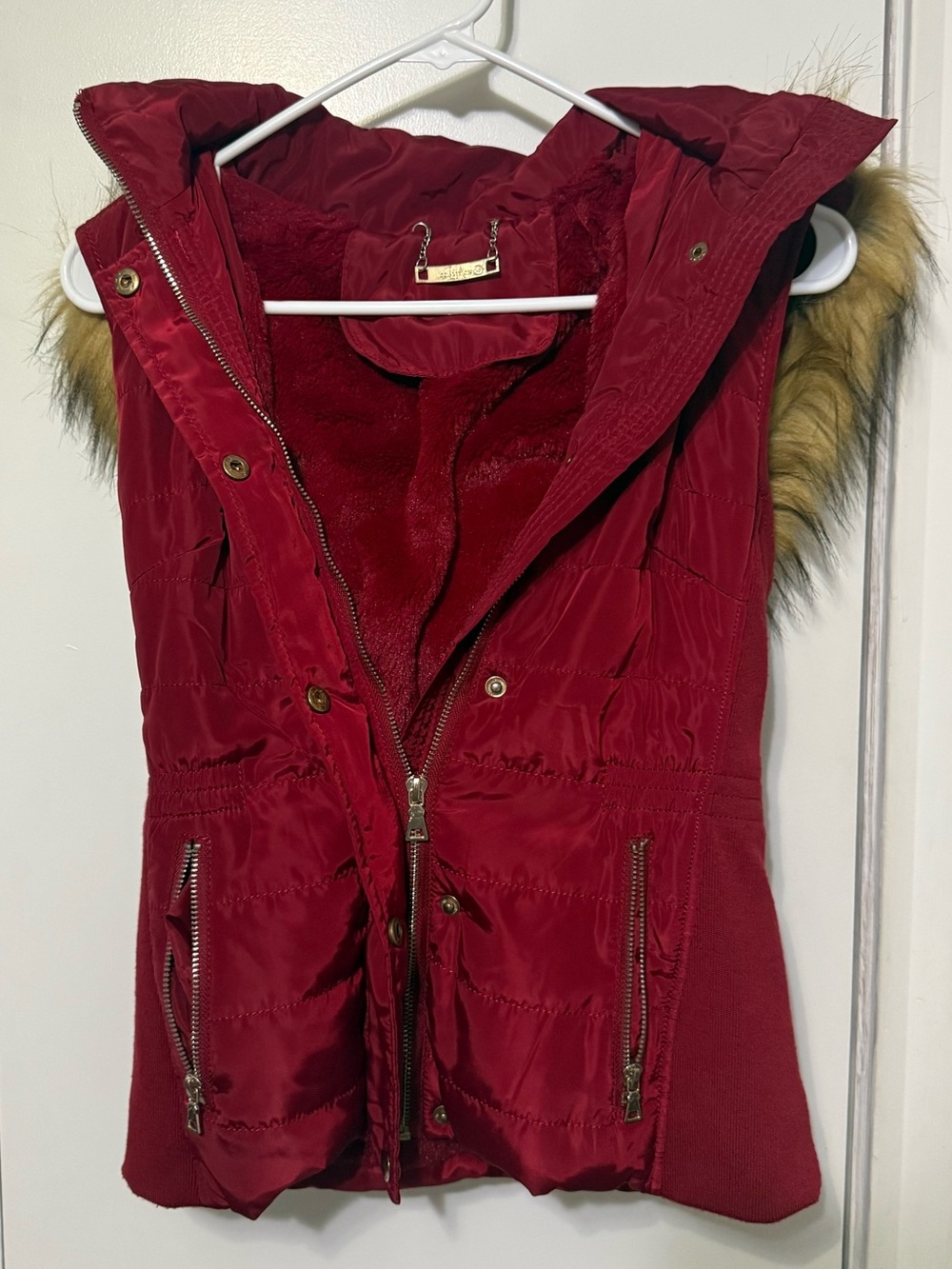 Women’s Red Hooded Puffer Vest with Faux-Fur Trim